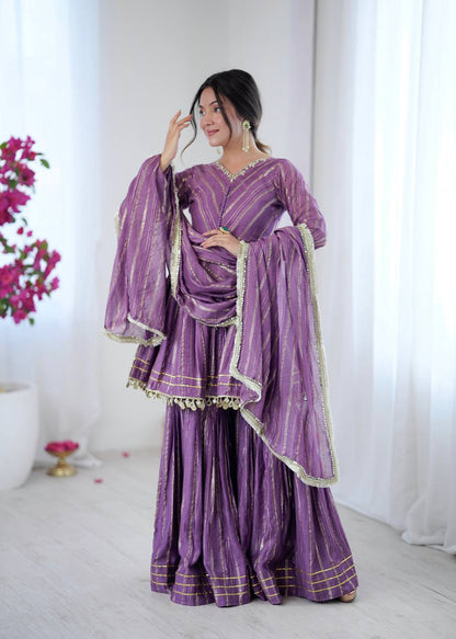Elegant Women's Ethnic Ensemble with Real Mirror and Handwork – Ready-to-Wear Mal Chanderi Set with Sharara Palazzo and Mirror Lace Dupatta