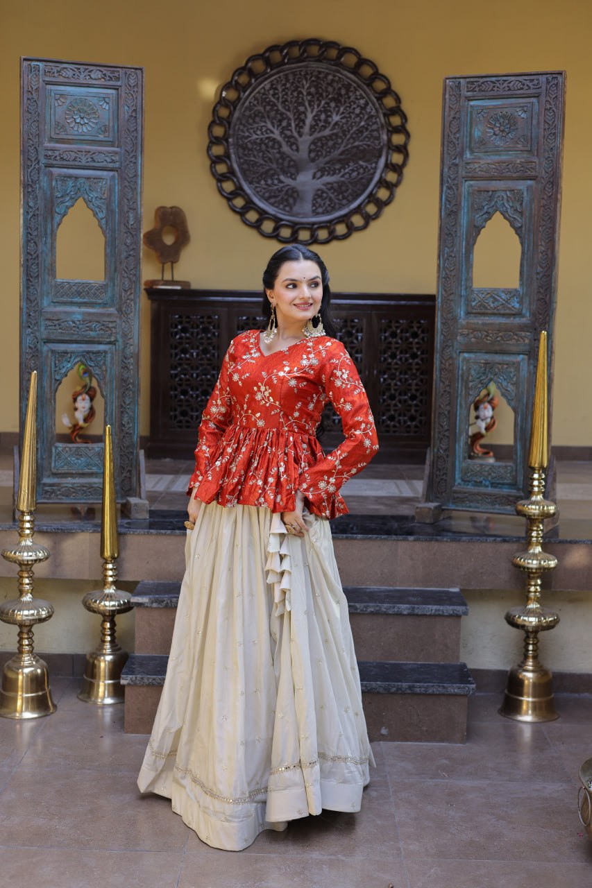 RangBhoomi Elegant Silk Embroidered Crop Top Set with Flared Lehenga and Sequined Detailing