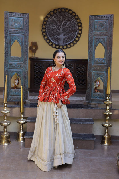 RangBhoomi Elegant Silk Embroidered Crop Top Set with Flared Lehenga and Sequined Detailing