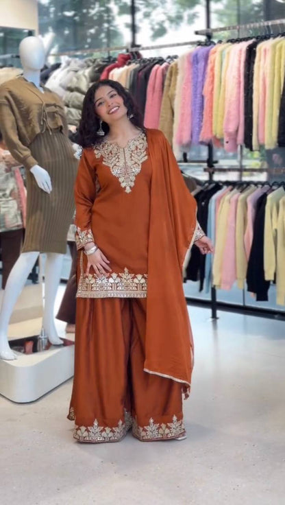 Elegant and Comfortable Wedding Season Suit Set with Sequined Embroidered Top, Palazzo Pants, and Lace-Trimmed Dupatta by RangBhoomi