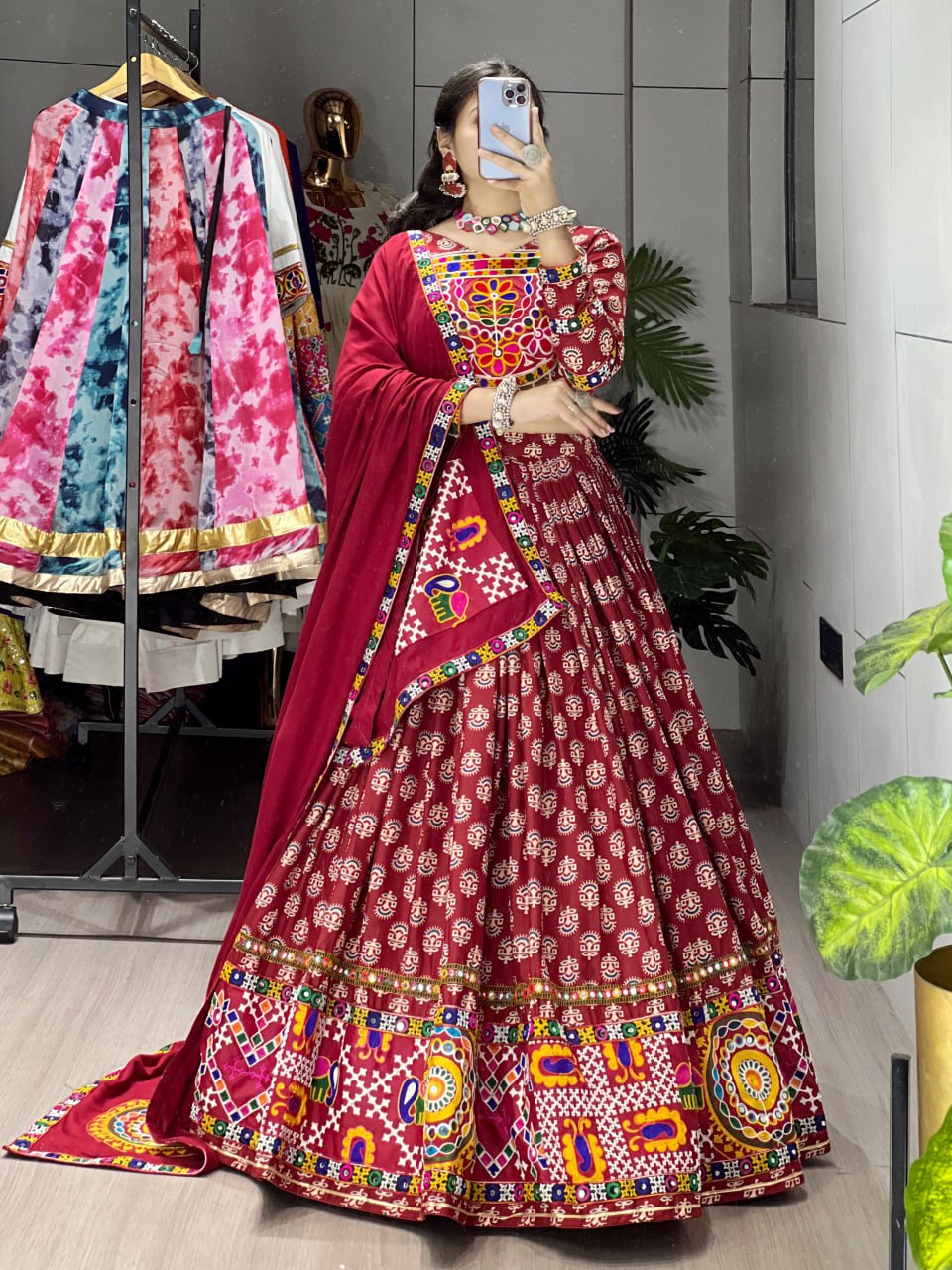 Traditional Ajrakh Print Chaniya Choli Ensemble - Maroon Pure Rayon Cotton Lehenga with Real Mirror Work and Ethnic Motifs