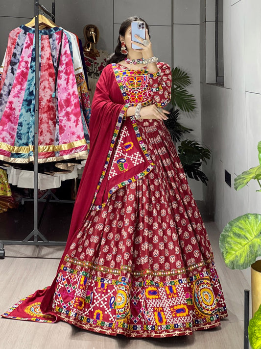 Traditional Ajrakh Print Chaniya Choli Ensemble - Maroon Pure Rayon Cotton Lehenga with Real Mirror Work and Ethnic Motifs