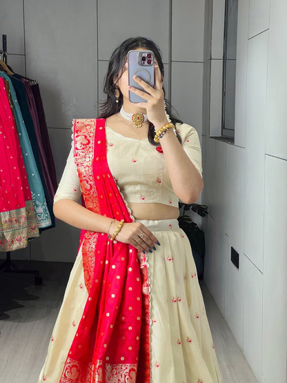 RangBhoomi Paithani Silk Lehenga Choli – Vibrant Traditional Maharashtrian Ethnic Wear with Gold Zari Detailing and Satin Silk Dupatta