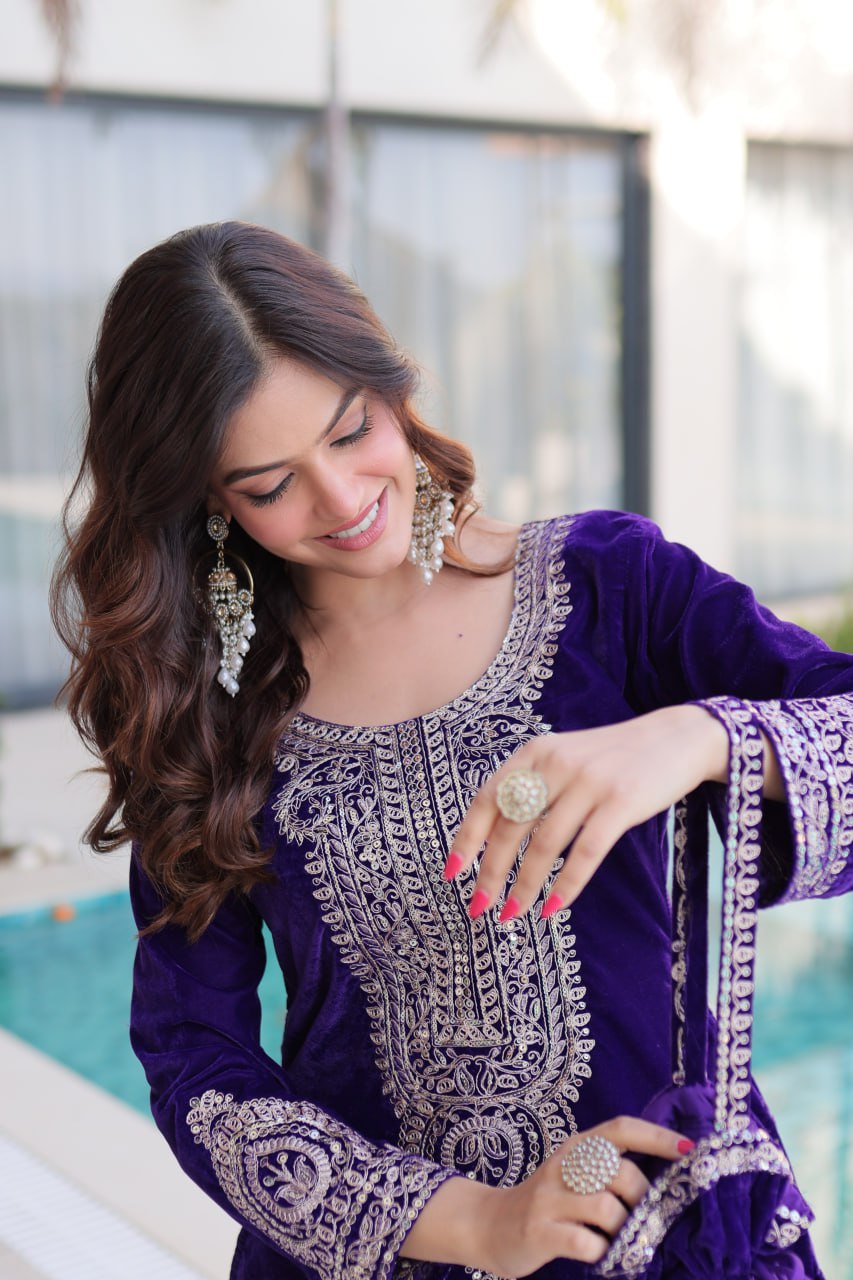 Ready-to-Wear Velvet Top and Pant Set with Embroidered Batwa from RangBhoomi Collection
