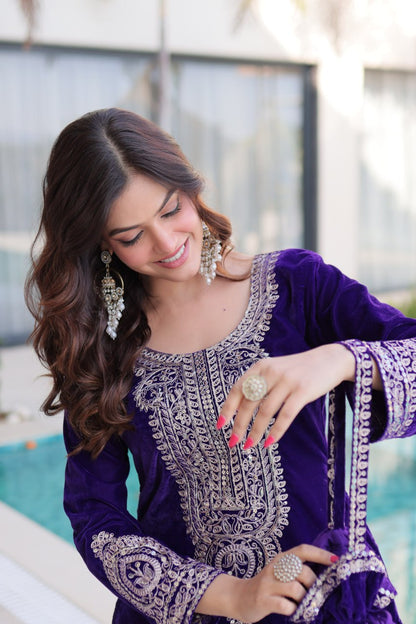 Ready-to-Wear Velvet Top and Pant Set with Embroidered Batwa from RangBhoomi Collection