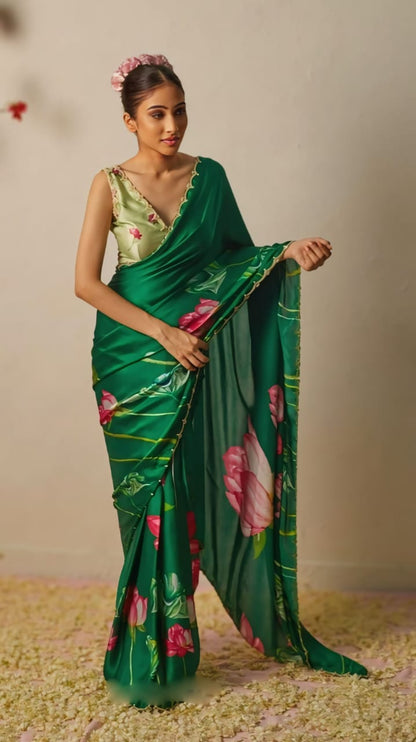 Ready To Wear Organza Silk Saree - Floral Printed