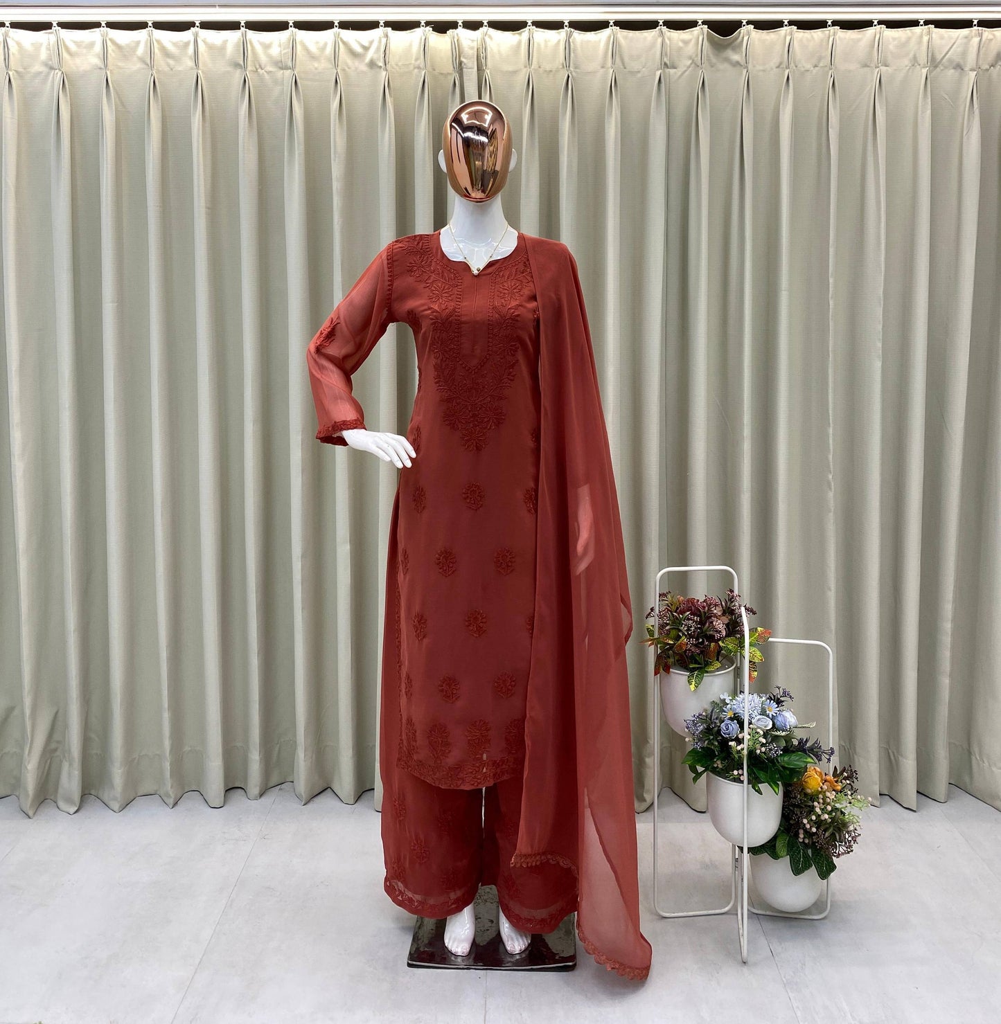 Exclusive Designer Faux Georgette Embroidered Suit with Matching Dupatta