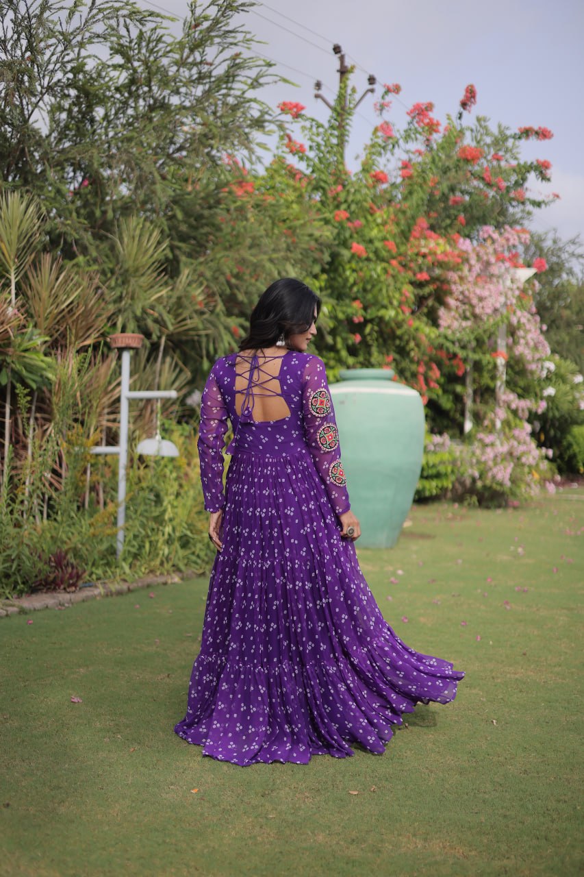 RangBhoomi Bandhani & Kutchi Patchwork Faux Georgette Gown — Full Sleeve, 12m Flair, Cotton Lining