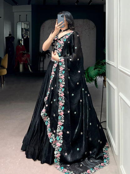 Elegant Black Lehenga Choli Set with Fendi Fabric, Sequins and Thread Embroidery