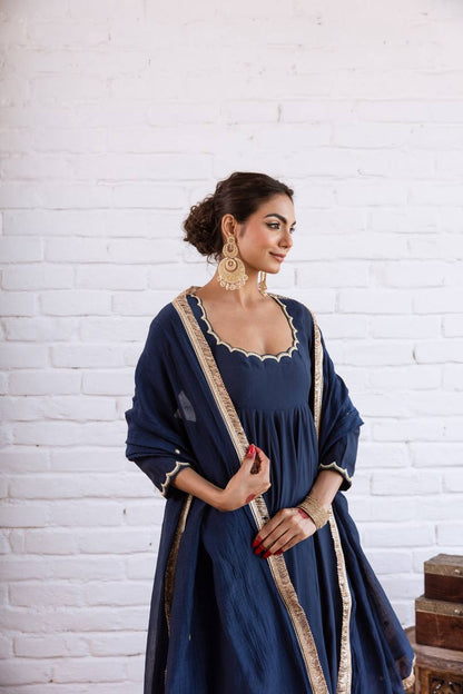 Elegant Anarkali Evening Gown with Beaded Detailing, Full Sleeves, and Vichitra Silk Fabric - Includes Bottom and Dupatta