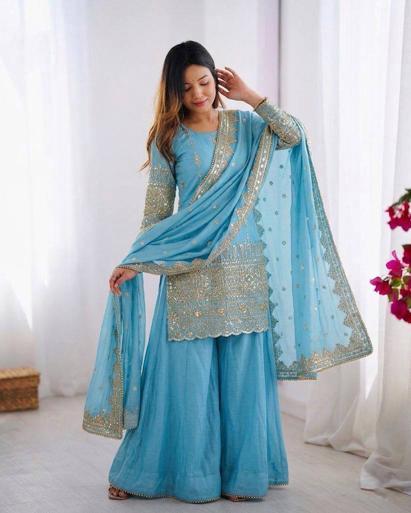 RangBhoomi Heavy Vichitra Silk Embroidered Top, Sharara & Dupatta Set