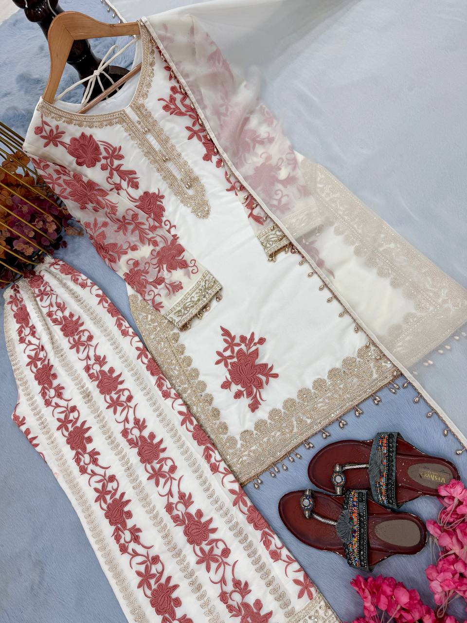 RangBhoomi Designer Party Wear Heavy Star Georgette Top, Plazzo & Dupatta Set