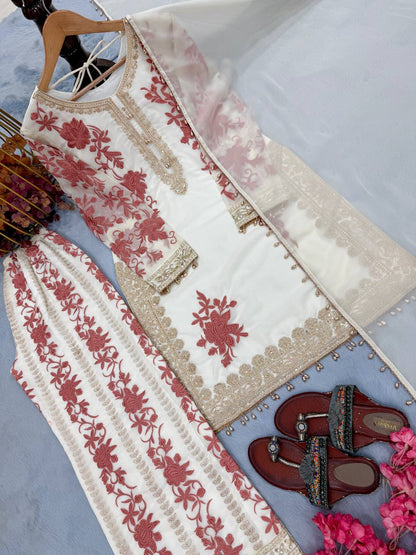 RangBhoomi Designer Party Wear Heavy Star Georgette Top, Plazzo & Dupatta Set