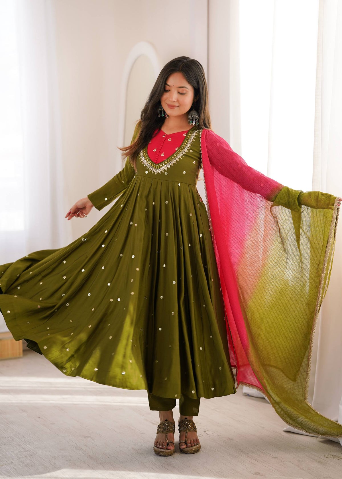 RangBhoomi Roman Silk Anarkali Set with Mirror Embroidery & Kota Chexs Dupatta - Ready-to-Wear
