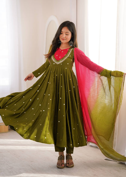 RangBhoomi Roman Silk Anarkali Set with Mirror Embroidery & Kota Chexs Dupatta - Ready-to-Wear