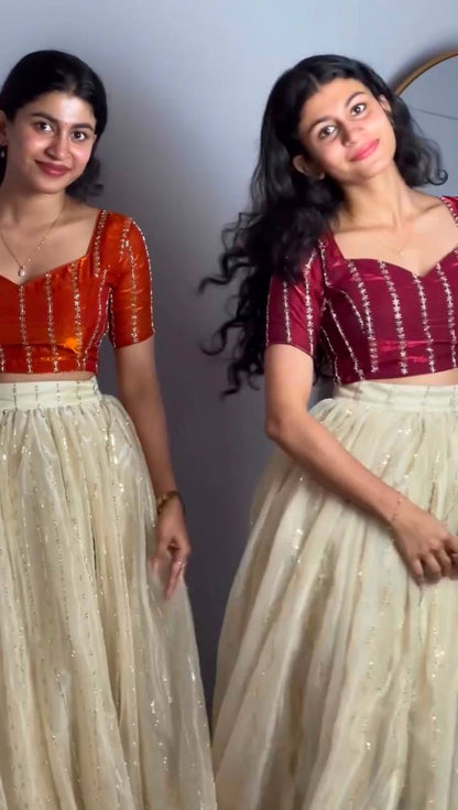 Fully Stitched Space Silk Lehenga Set with Sequins Embroidery — L/XL