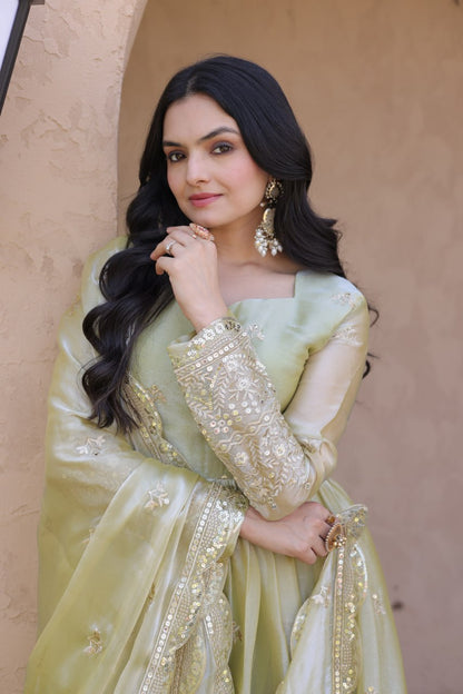 RangBhoomi Fendi Silk Sequined Gown with Dupatta – Elegant Full-Sleeve Designer Set