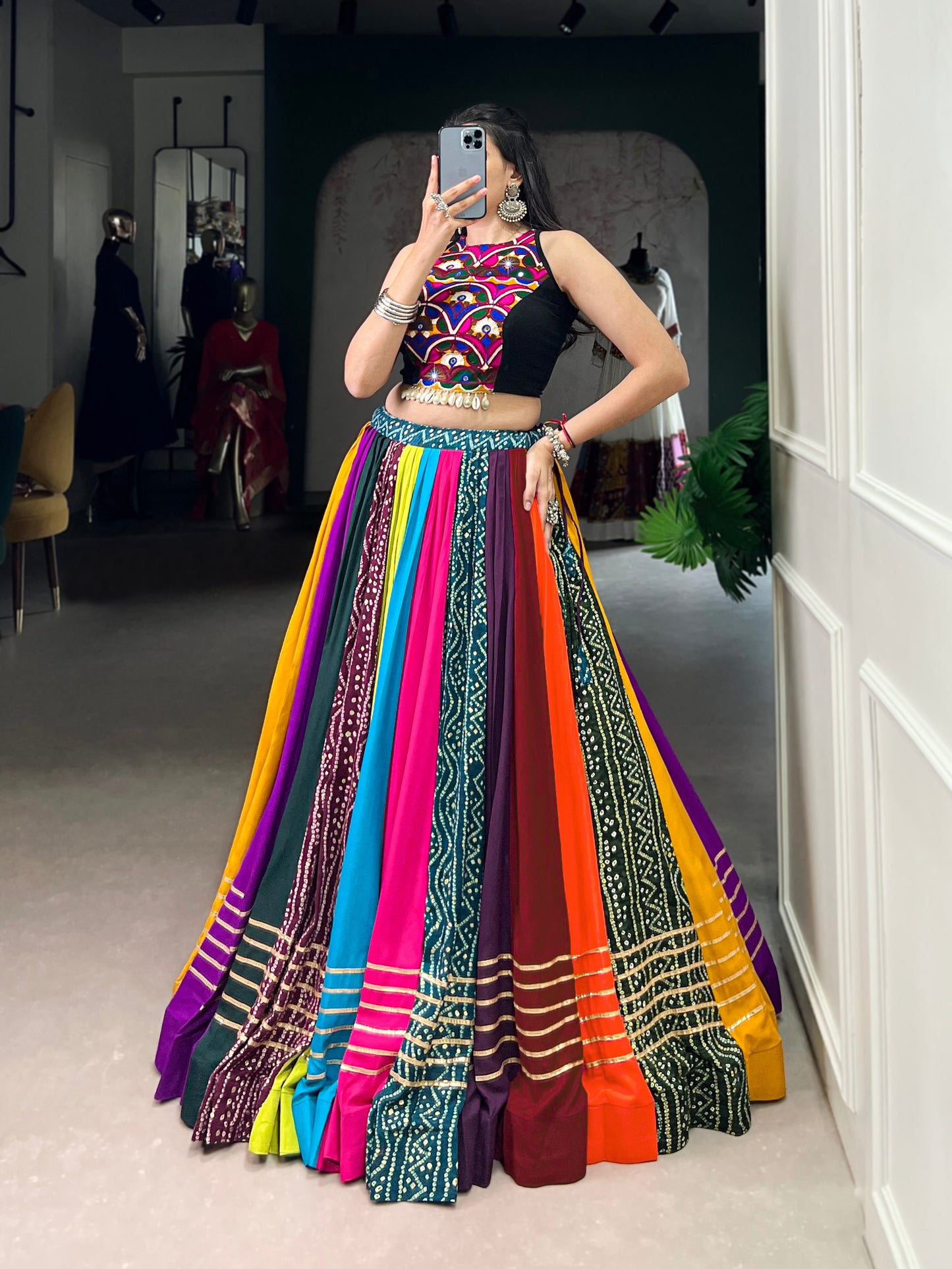RangBhoomi Rainbow Rasiya Navratri Multicolour Pure Rayon Lehenga Set
