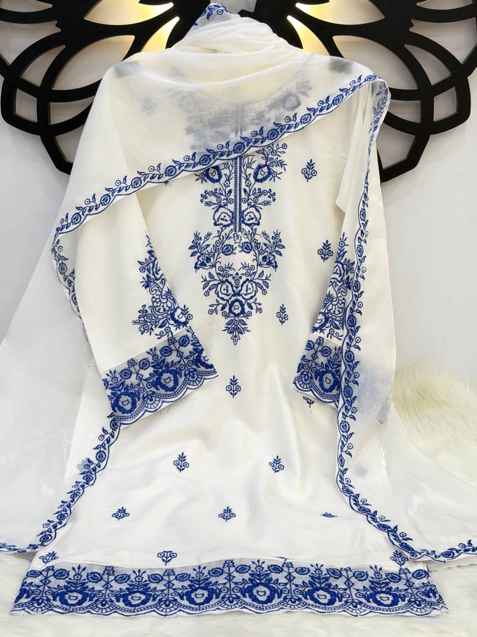 Elegant Women's Ethnic Ensemble with Embroidered Rayon Cotton Top, Farshi Pants, and GMY Silk Dupatta