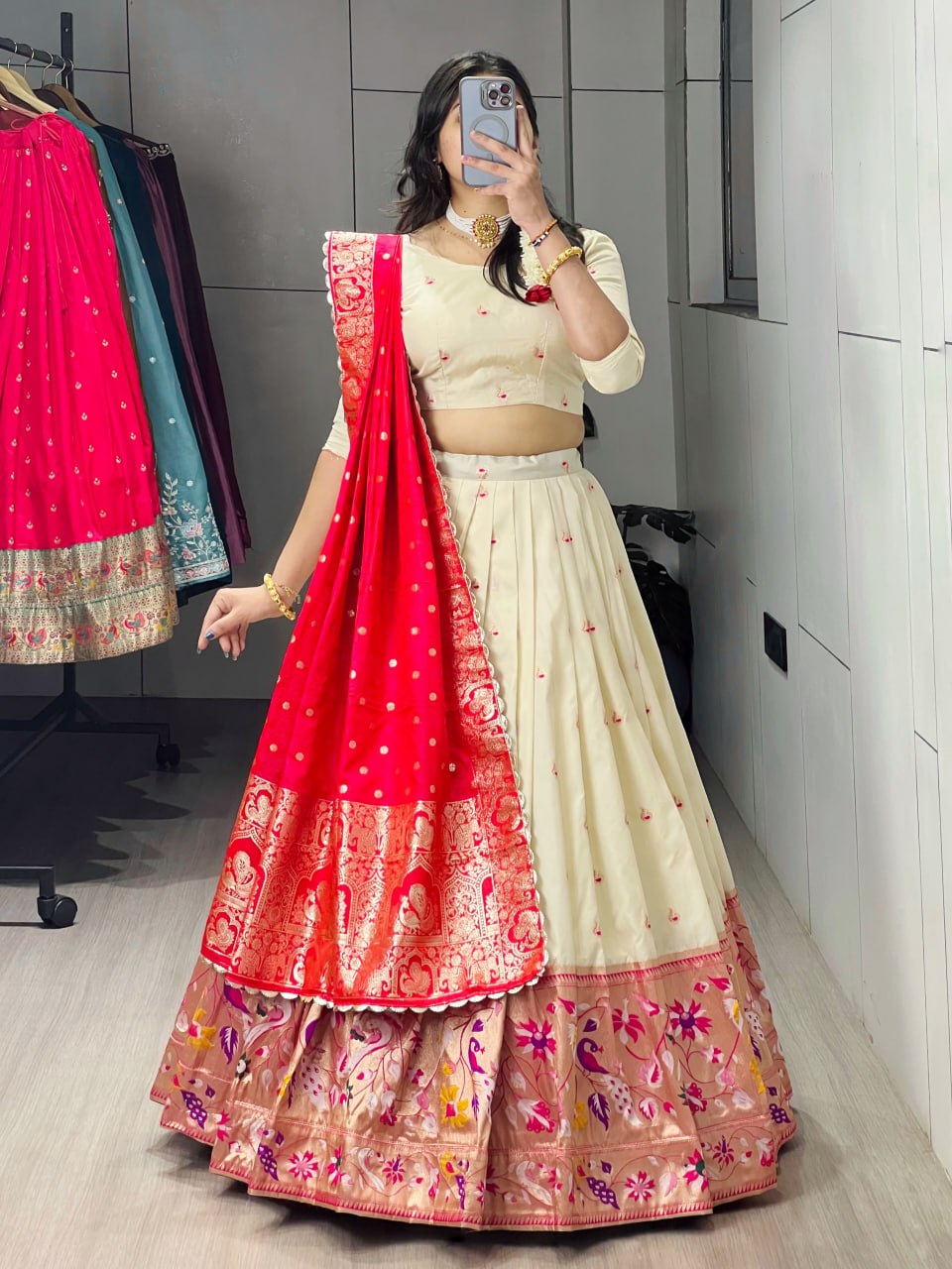 RangBhoomi Paithani Silk Lehenga Choli – Vibrant Traditional Maharashtrian Ethnic Wear with Gold Zari Detailing and Satin Silk Dupatta