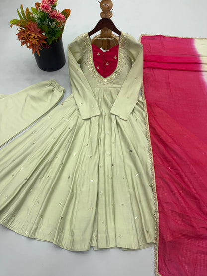 RangBhoomi Roman Silk Anarkali Set with Mirror Embroidery & Kota Chexs Dupatta - Ready-to-Wear