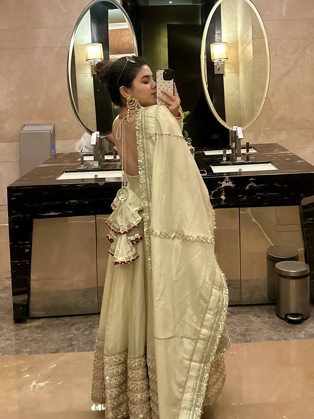 RangBhoomi Premium Chinon Silk Anarkali Gown Set with Heavy Embroidery, 3mm Sequin Sleeve Lace, Crepe Pants, and Sequined Lace Dupatta