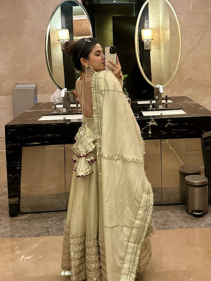 RangBhoomi Premium Chinon Silk Anarkali Gown Set with Heavy Embroidery, 3mm Sequin Sleeve Lace, Crepe Pants, and Sequined Lace Dupatta