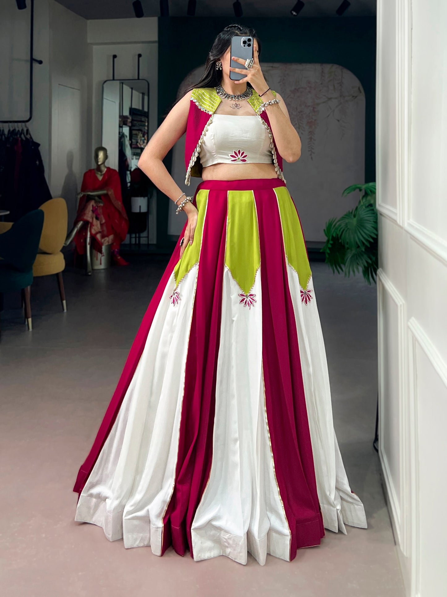 RangBhoomi Navratri 2026: Elegant Pure Rayon Lehenga Set with Koti & Embellishments