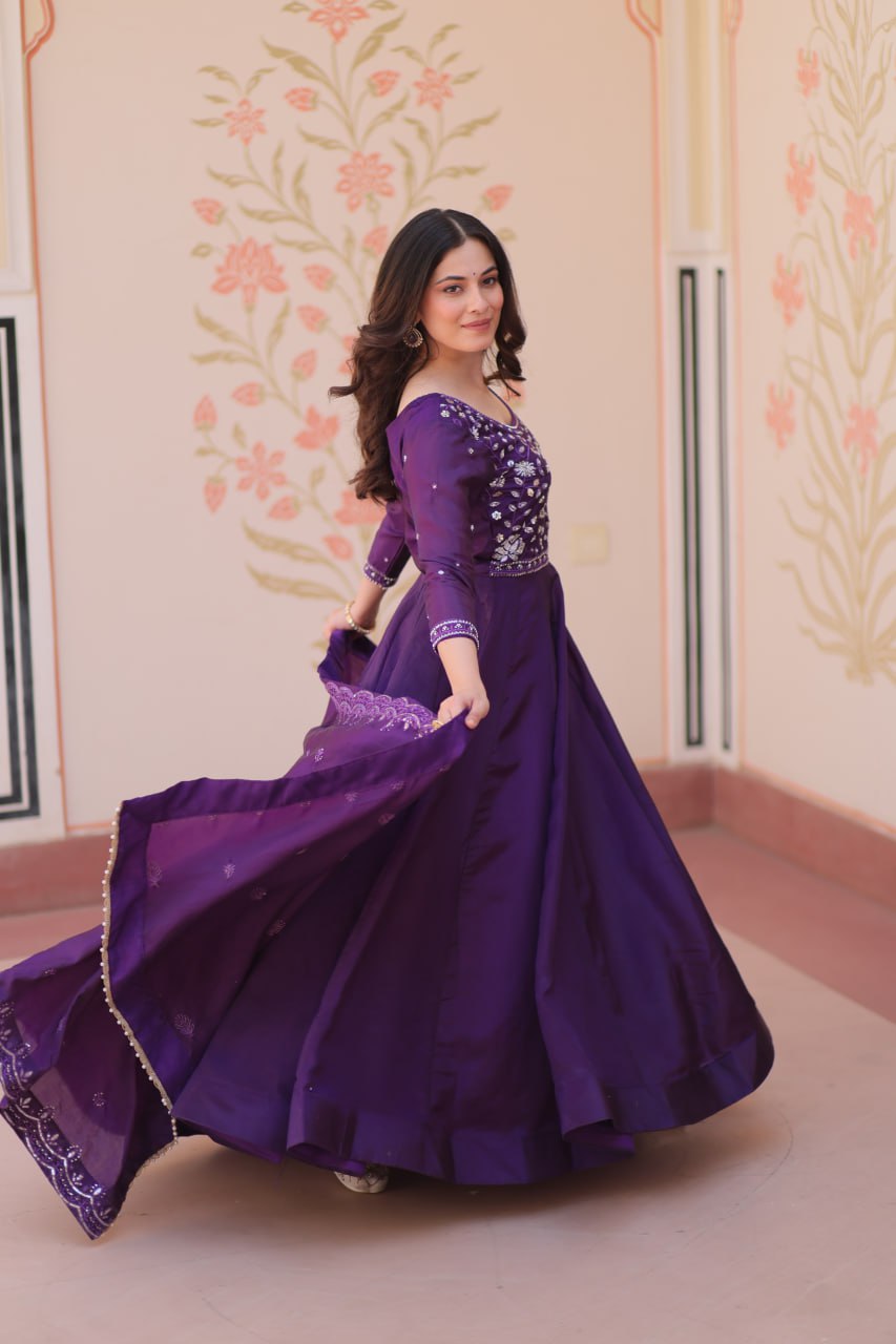 Elegant Gold Crush Embroidered Gown and Designer Dupatta Set