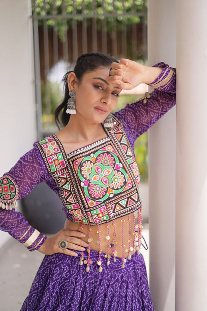 RangBhoomi Bandhni Faux Georgette Full-Stitched Lehenga Set with Designer Square Neck Blouse
