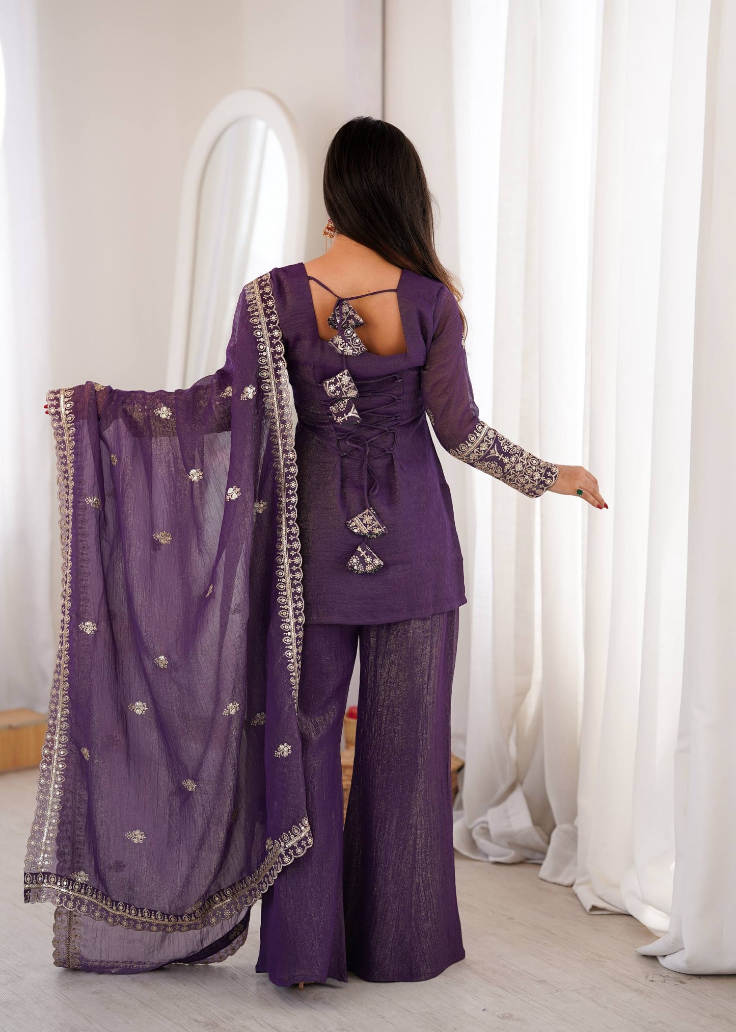 Elegant Ready-to-Wear Crunchy Silk Ensemble with Embroidered Sequences, Jari Detailing, Dupatta, and Bell-Bottom Pants