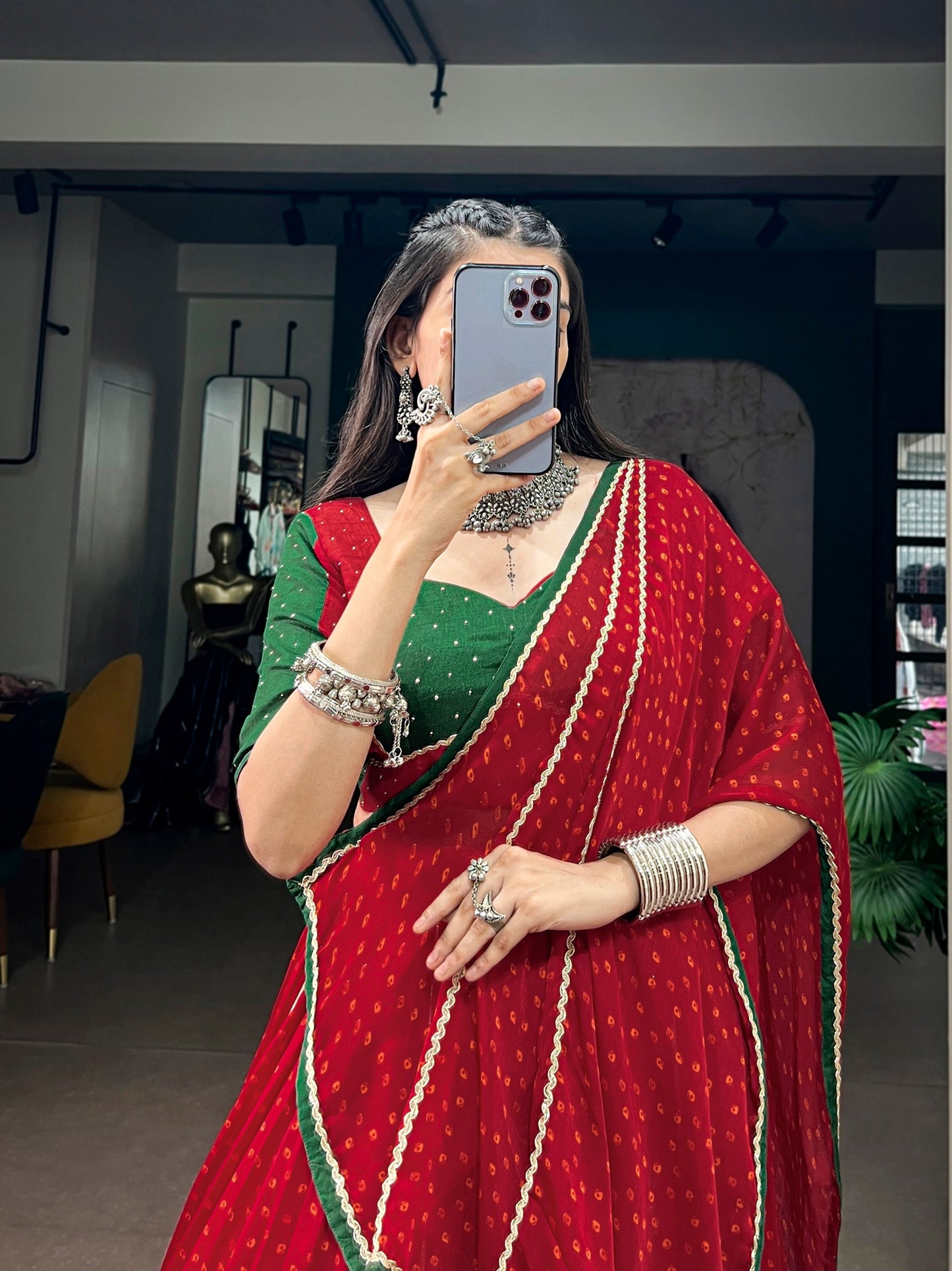 RangBhoomi Red Bandhej Satin Chiffon Lehenga Set — Navratri 2026