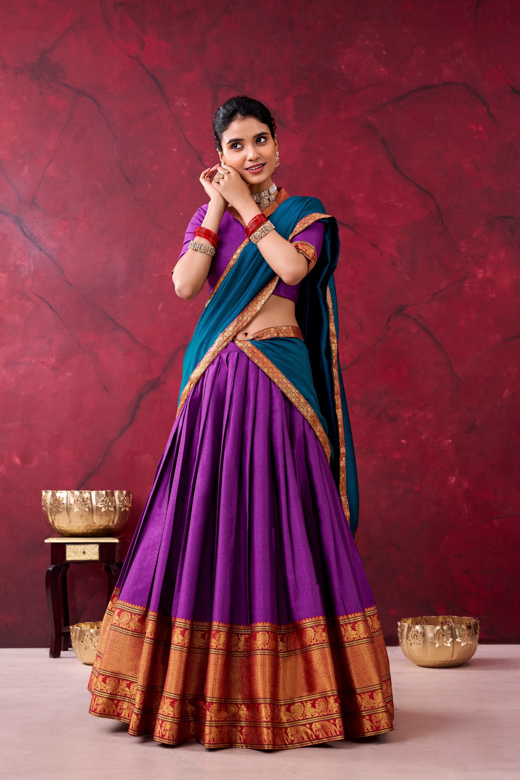 Elegant Narayanpet Cotton Lehenga Set with Zari Weaving Work – Includes Stitched Lehenga, Unstitched Blouse, Crepe Dupatta, Tassels, and Drawstring Belt