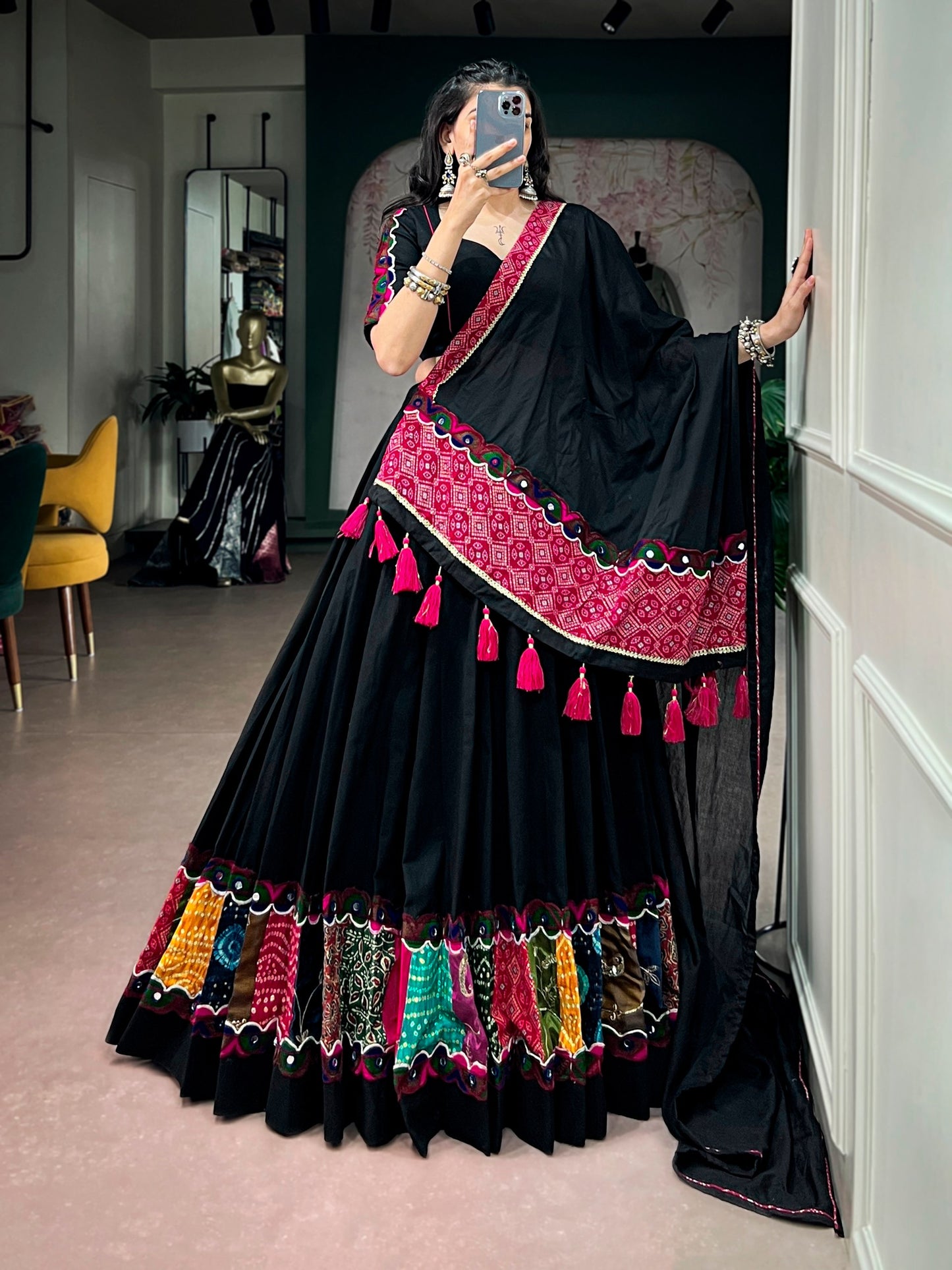 RangBhoomi Navratri Khadi Cotton Lehenga Set with Multicolor Patchwork & Bandhej Dupatta