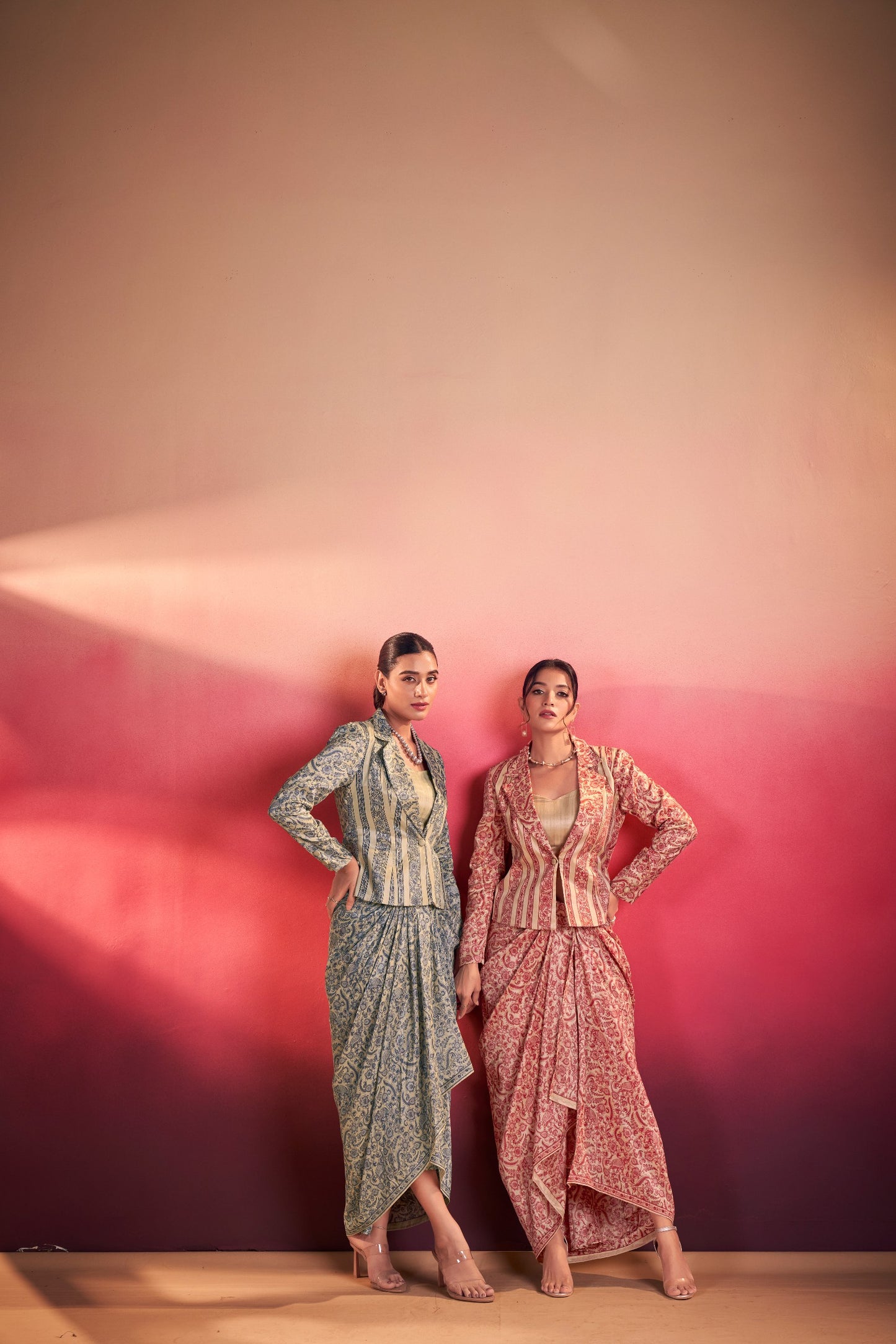 Elegant Tasar Silk Ensemble with Flowing Silhouettes and Artistic Prints for Festive Charm and Modern Style