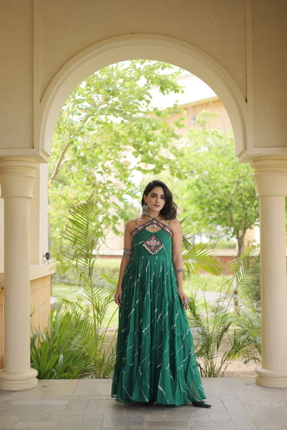 RangBhoomi Navratri Laheriya Patchwork Faux Georgette Gown - Sleeveless 56" Length, L (Adjustable 38-44)