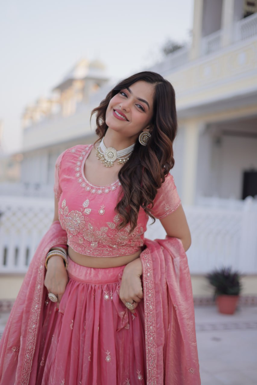Elegant Lehenga Choli Set with Heavy Sequins and Zari Thread Embroidery in Fendi Silk