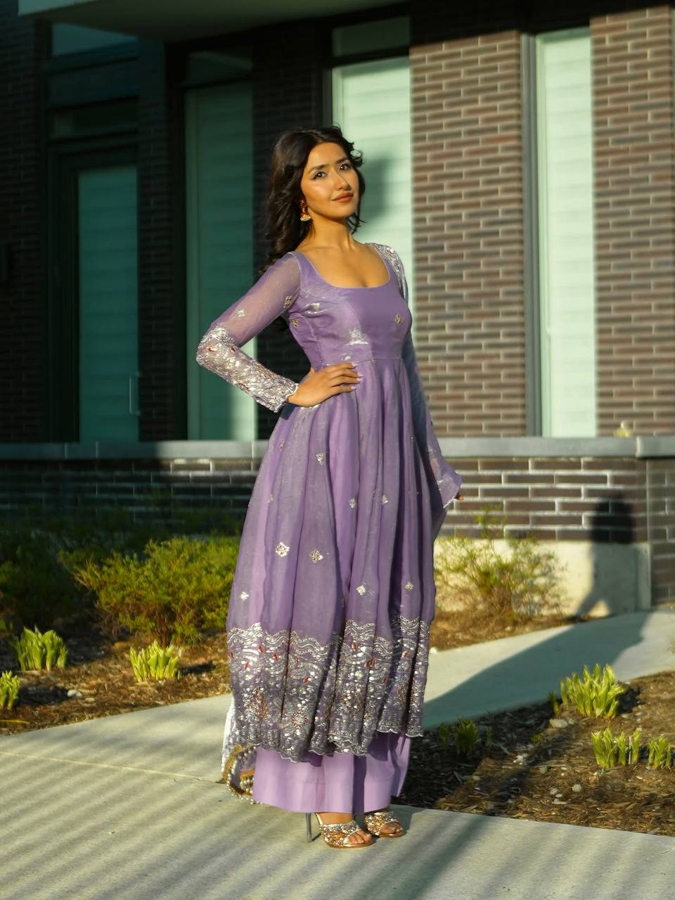 RangBhoomi Designer Party Wear Two-Tone Fandy Silk Embroidered Gown with Dupatta & Plazo