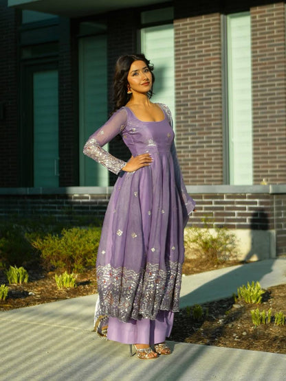 RangBhoomi Designer Party Wear Two-Tone Fandy Silk Embroidered Gown with Dupatta & Plazo