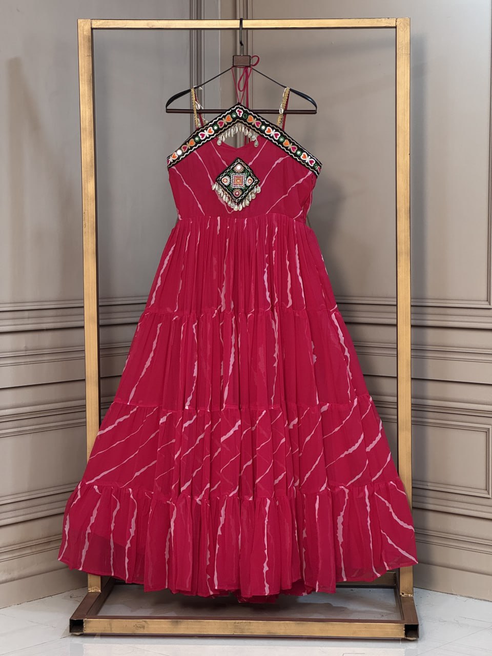 RangBhoomi Laheriya Faux Georgette Gown — Sleeveless 56" Length, 12m Flair (L, Adjustable)