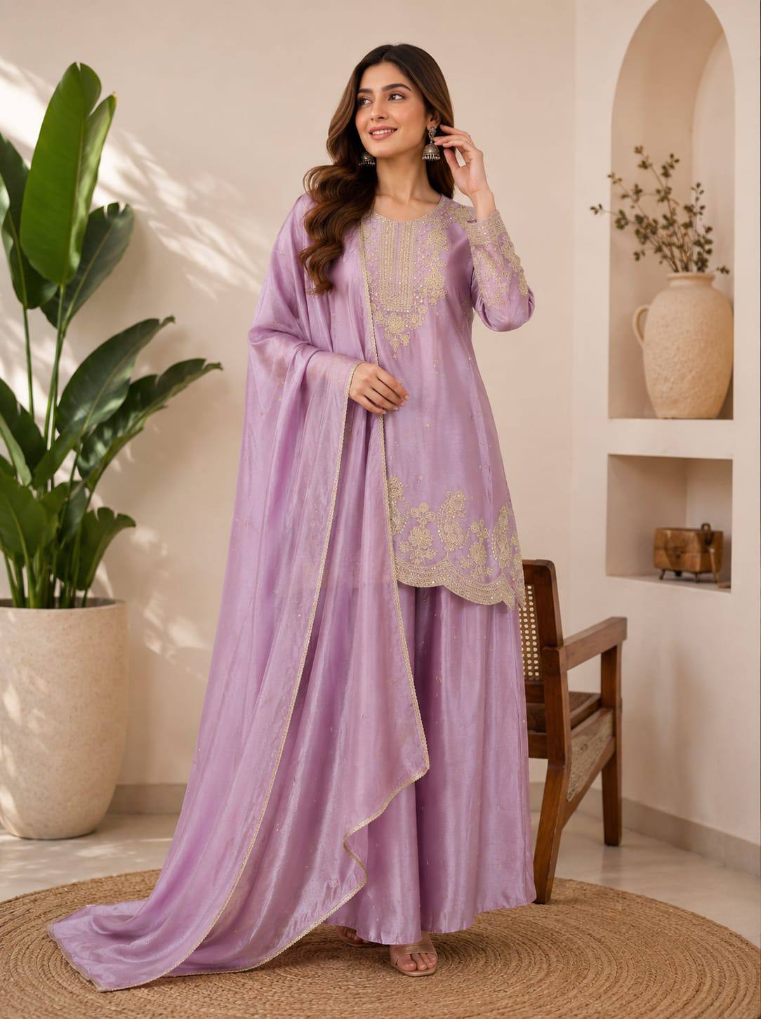 RangBhoomi Designer Festival Ensemble - Embroidered Chinon Top with Rangoli Crush Palazzo & Dupatta