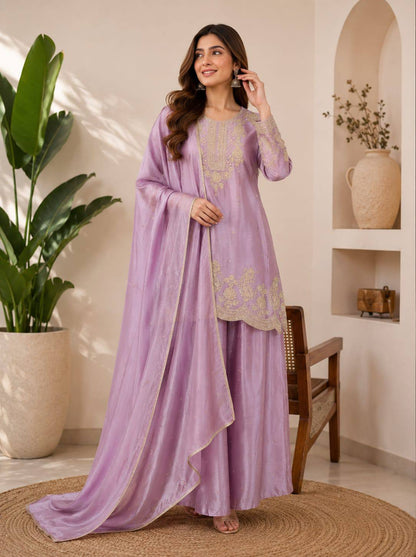 RangBhoomi Designer Festival Ensemble - Embroidered Chinon Top with Rangoli Crush Palazzo & Dupatta