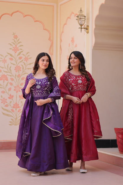 Elegant Gold Crush Embroidered Gown and Designer Dupatta Set