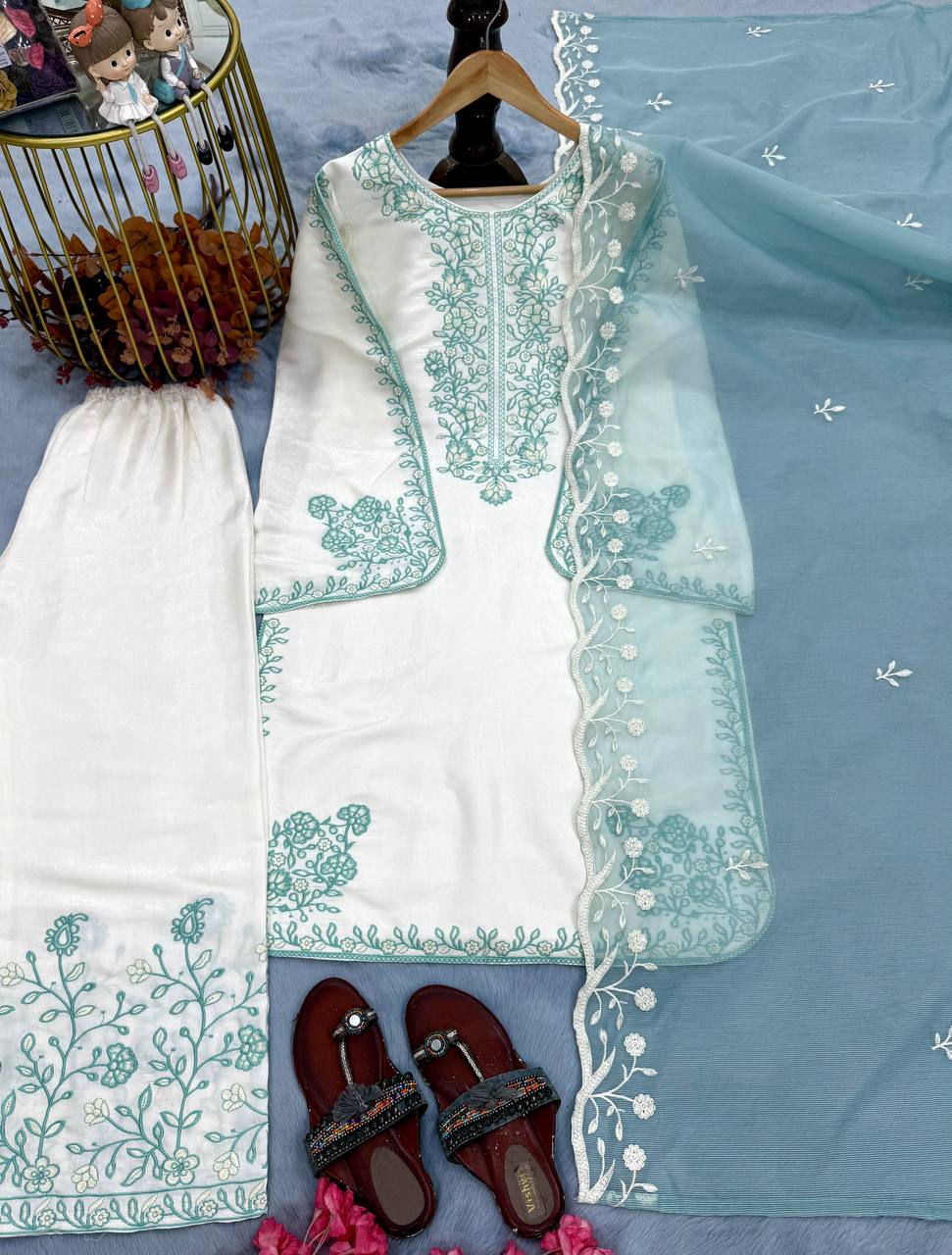 Elegant Party Wear Set Featuring Premium Roman Glass Embroidered Top with Fancy Bell Sleeves and Stylish Palazzo Pants with Dupatta