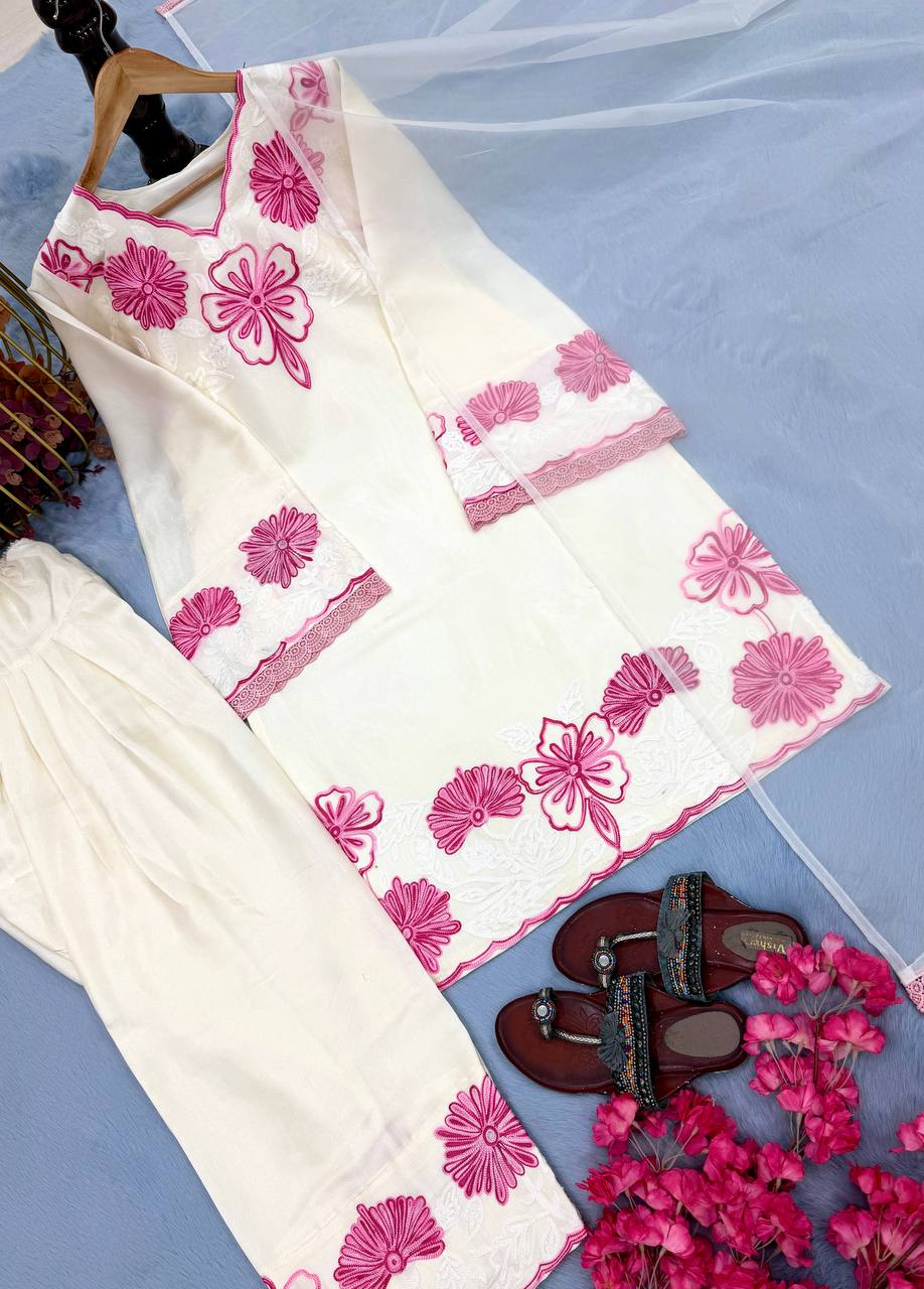 New Designer Party Wear Pure Glass Satin Top & Farshi Palazzo Set with Dupatta