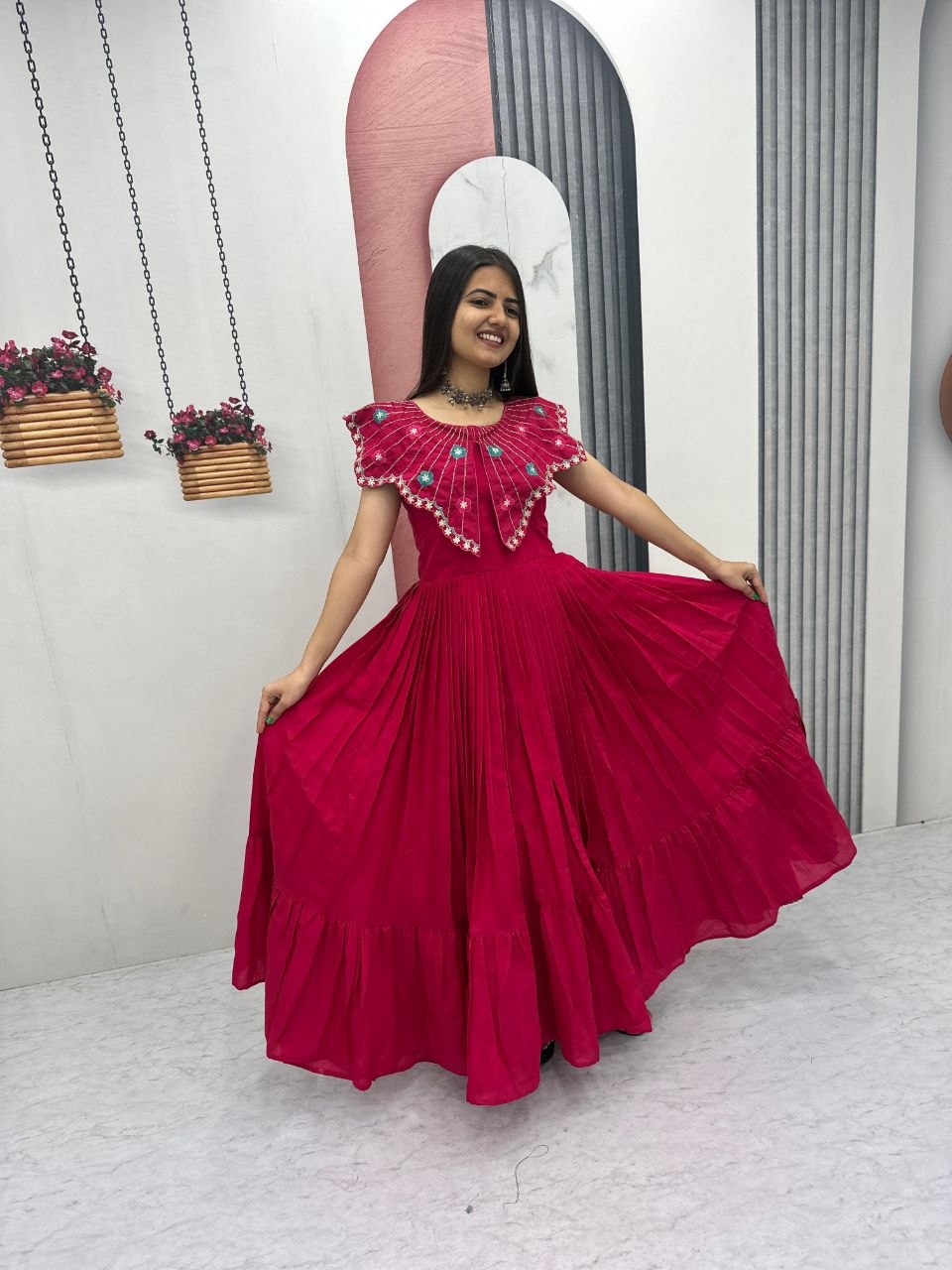 Trendy Hand-Embroidered Roman Fabric Gown with Soft Micro Cotton Lining, Fully Stitched, Available in Sizes M to XL and Beyond