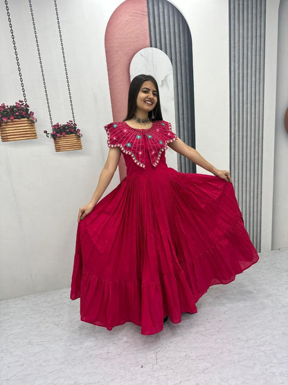Trendy Hand-Embroidered Roman Fabric Gown with Soft Micro Cotton Lining, Fully Stitched, Available in Sizes M to XL and Beyond