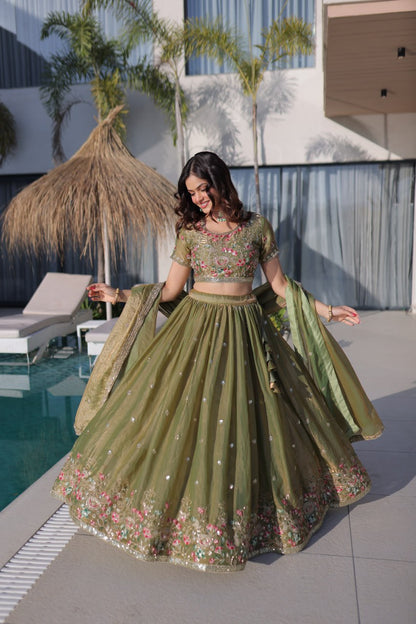 Elegant Lehenga Choli and Dupatta Ensemble in Fendi Silk with Multi-Thread Embroidery
