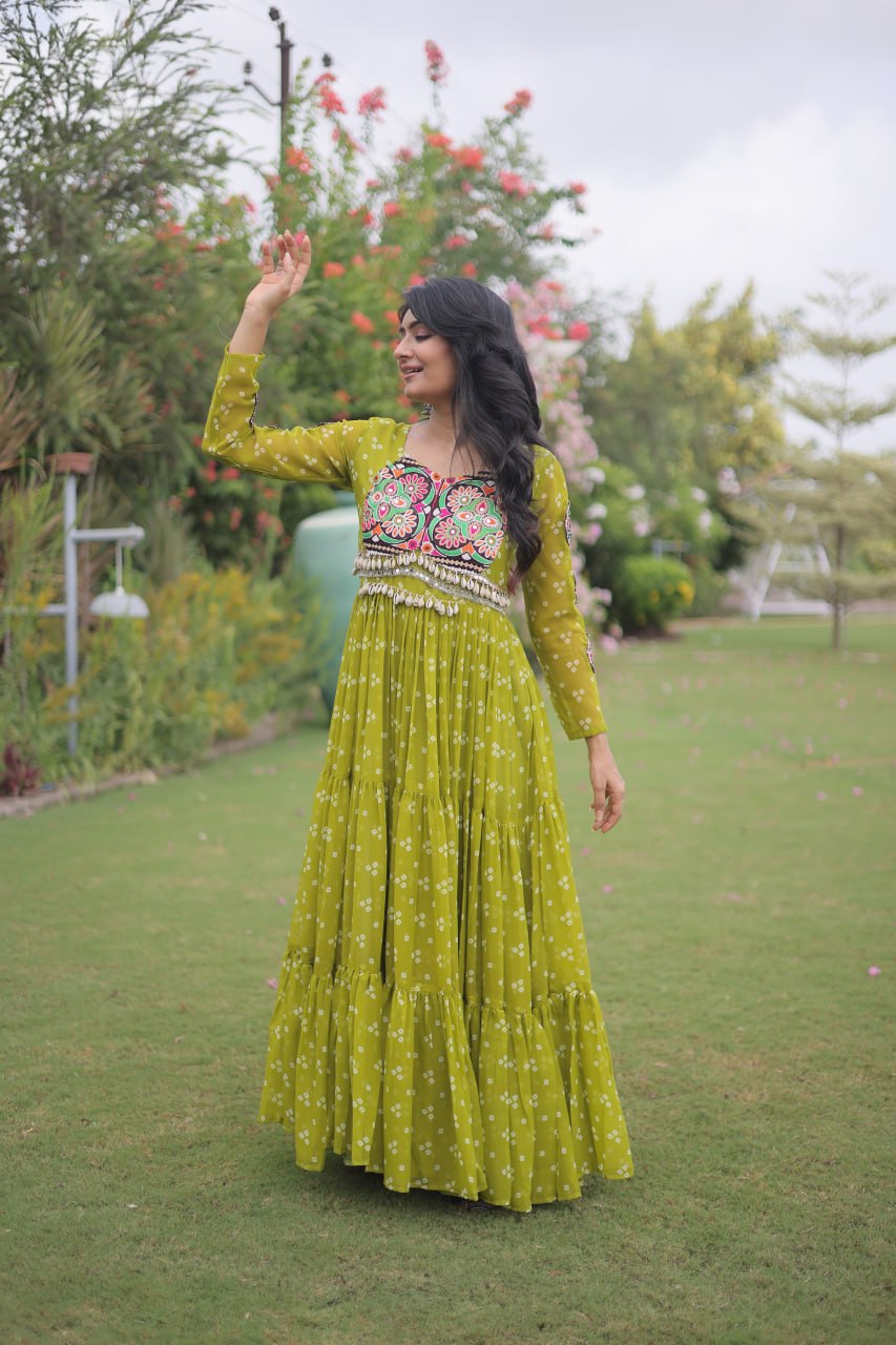 RangBhoomi Bandhani & Kutchi Patchwork Faux Georgette Gown — Full Sleeve, 12m Flair, Cotton Lining