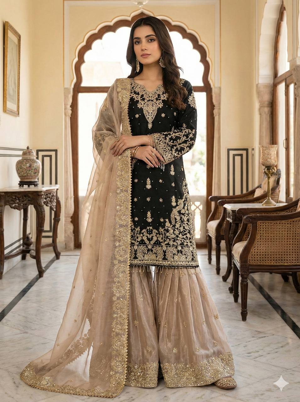 RangBhoomi Exclusive Designer Partywear Set – Pure Heavy GMY Silk with Elaborate Embroidery and Sequins